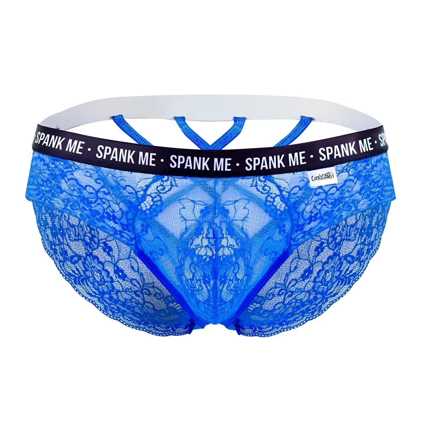 CandyMan 99615X spank me lace briefs dark blue with white elastic waistband and black trim featuring spank me branding