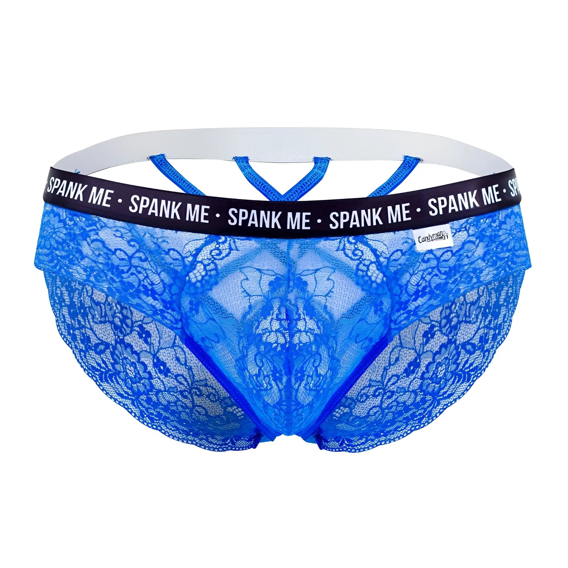 CandyMan 99615X spank me lace briefs dark blue with white elastic waistband and black trim featuring spank me branding