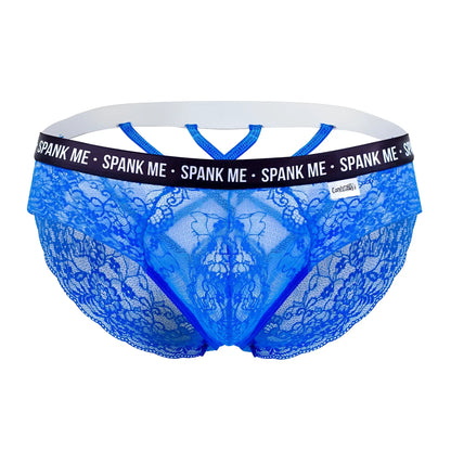 CandyMan 99615X spank me lace briefs dark blue with white elastic waistband and black trim featuring spank me branding
