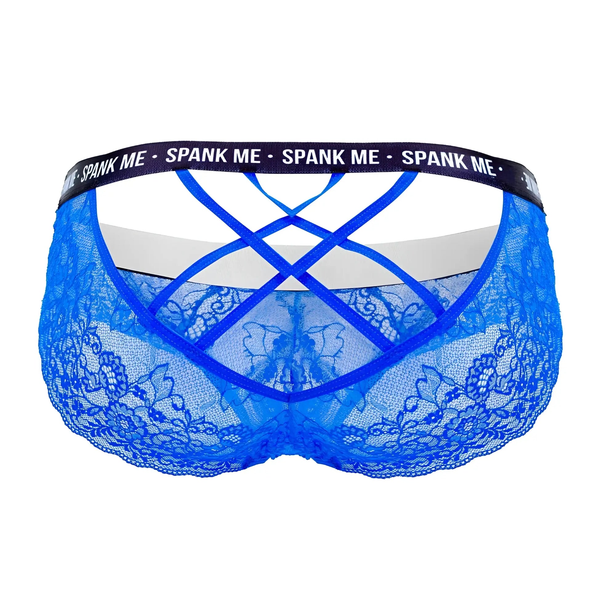 Blue lace thong briefs with crisscross back and black waistband featuring spank me logo in dark blue by candyman
