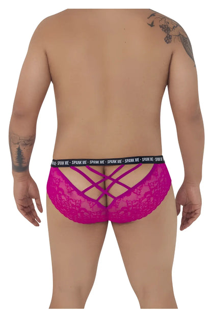 Back view of fuchsia CandyMan 99615X spank me lace briefs with crisscross design and black elastic logo waistband
