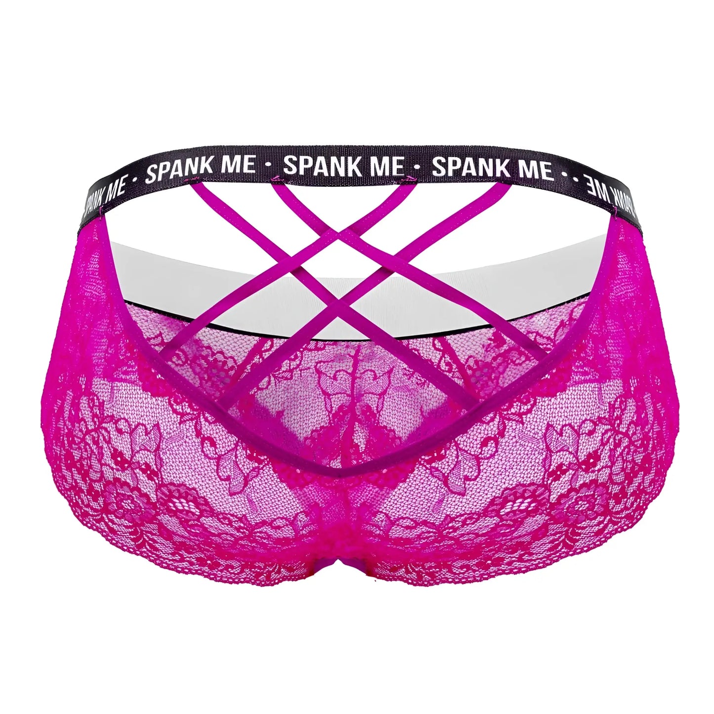 Back view of fuchsia CandyMan 99615X spank me lace thong with crisscross straps and black waistband with spank me text
