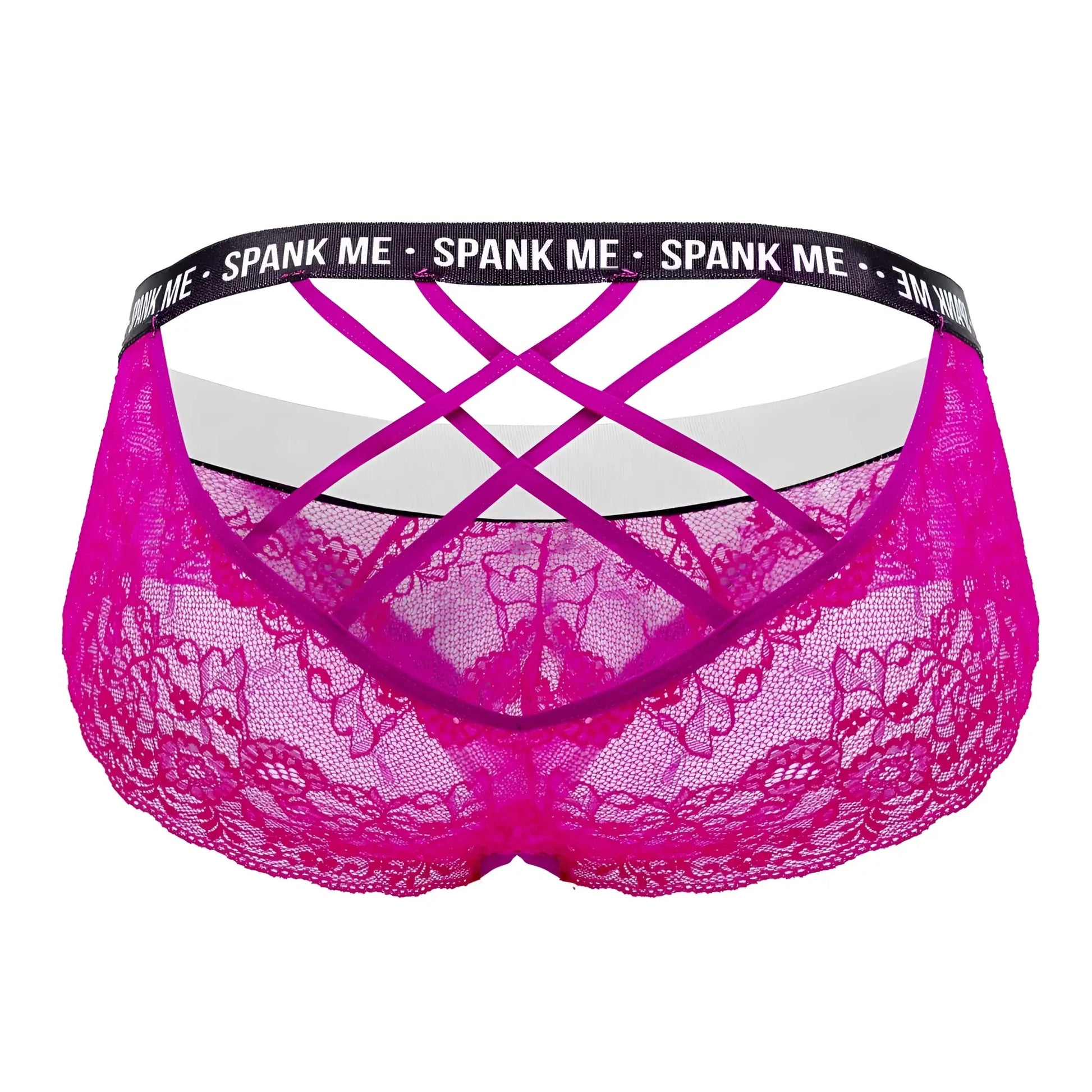Back view of fuchsia CandyMan 99615X spank me lace thong with crisscross straps and black waistband with spank me text