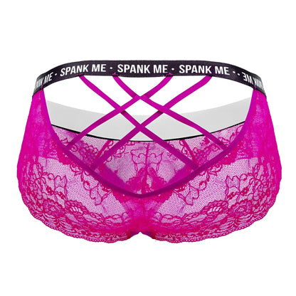 Back view of fuchsia CandyMan 99615X spank me lace thong with crisscross straps and black waistband with spank me text