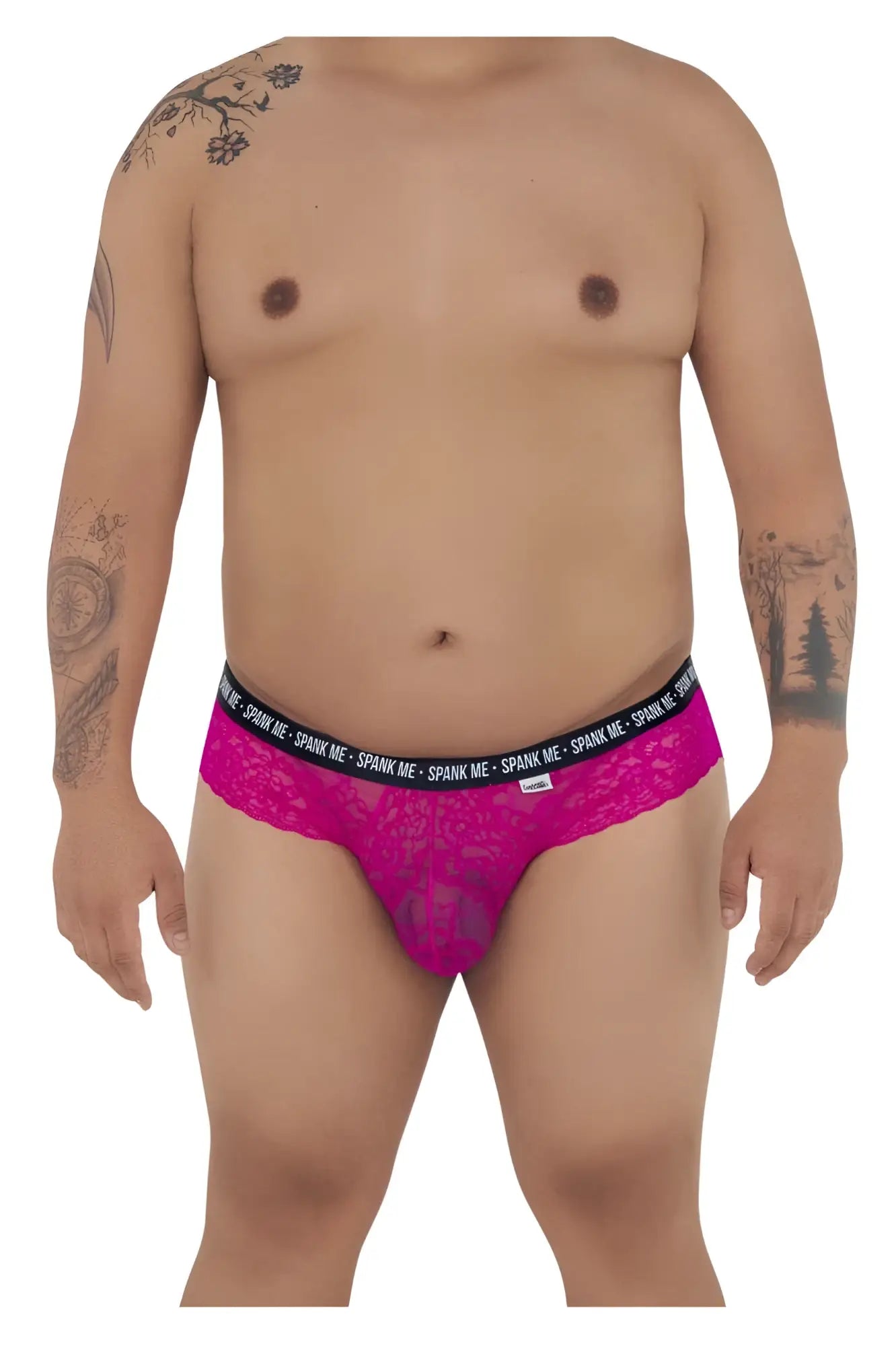 Vibrant fuchsia candyMan 99615X spank me lace thong with black elastic waistband and logo on the back side