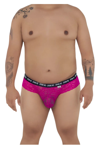 Vibrant fuchsia candyMan 99615X spank me lace thong with black elastic waistband and logo on the back side