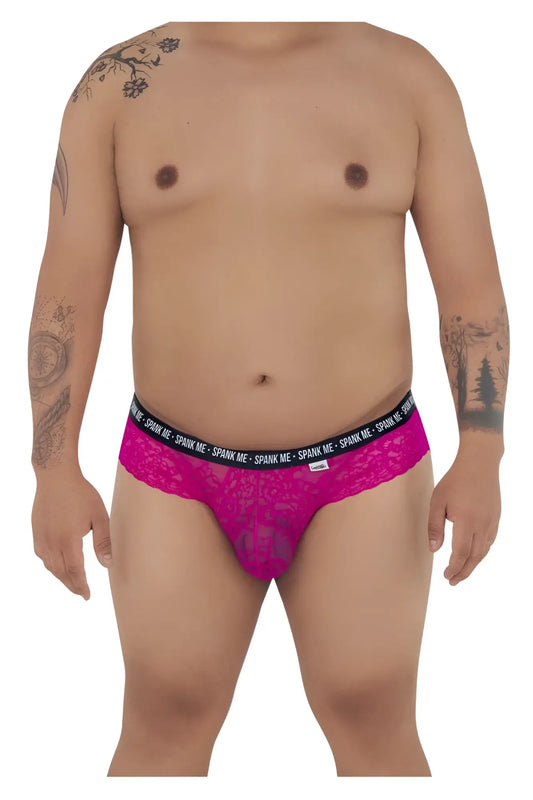 Vibrant fuchsia candyMan 99615X spank me lace thong with black elastic waistband and logo on the back side