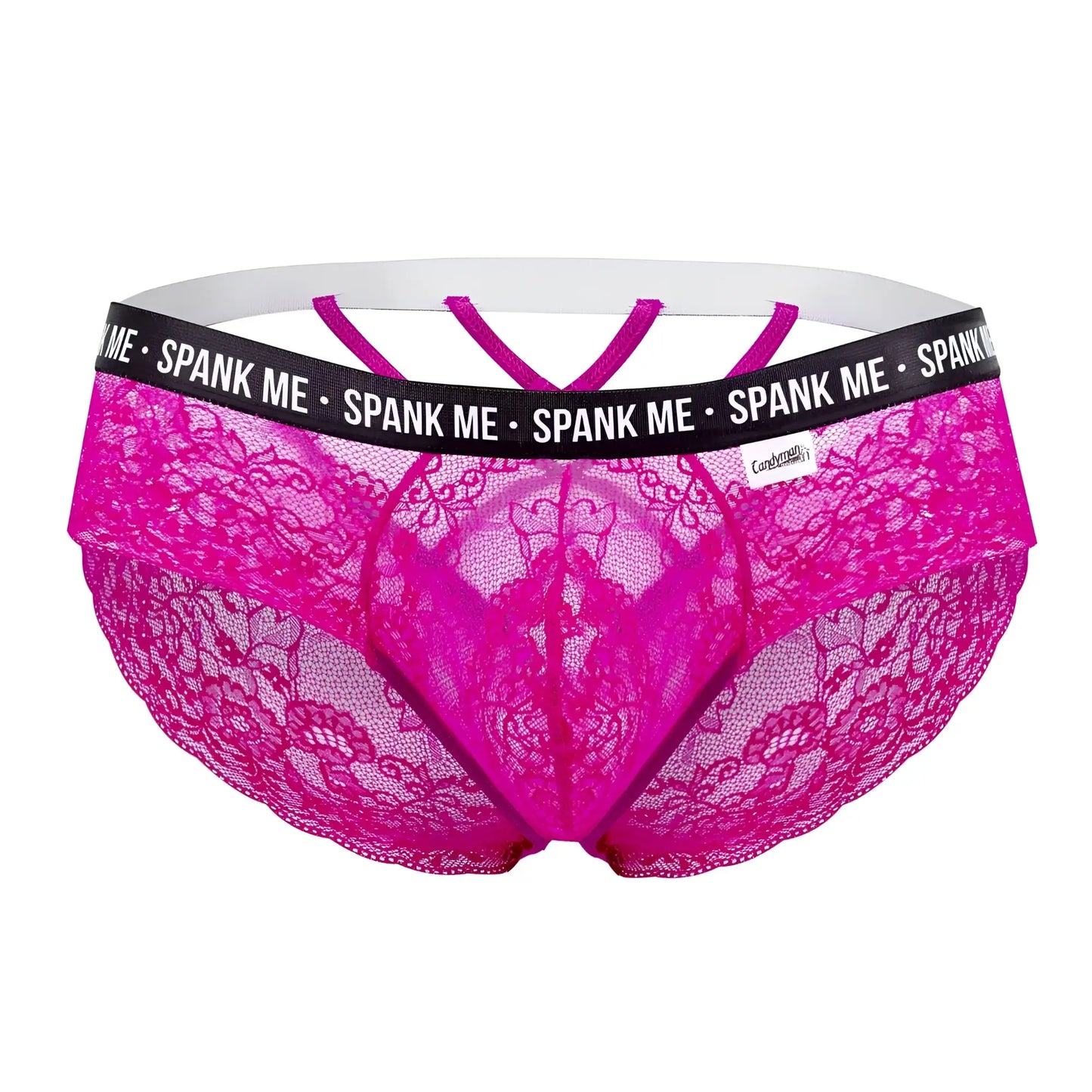 Vibrant fuchsia lace thong candyMan 99615X with black elastic waistband spank me text and white crisscross straps