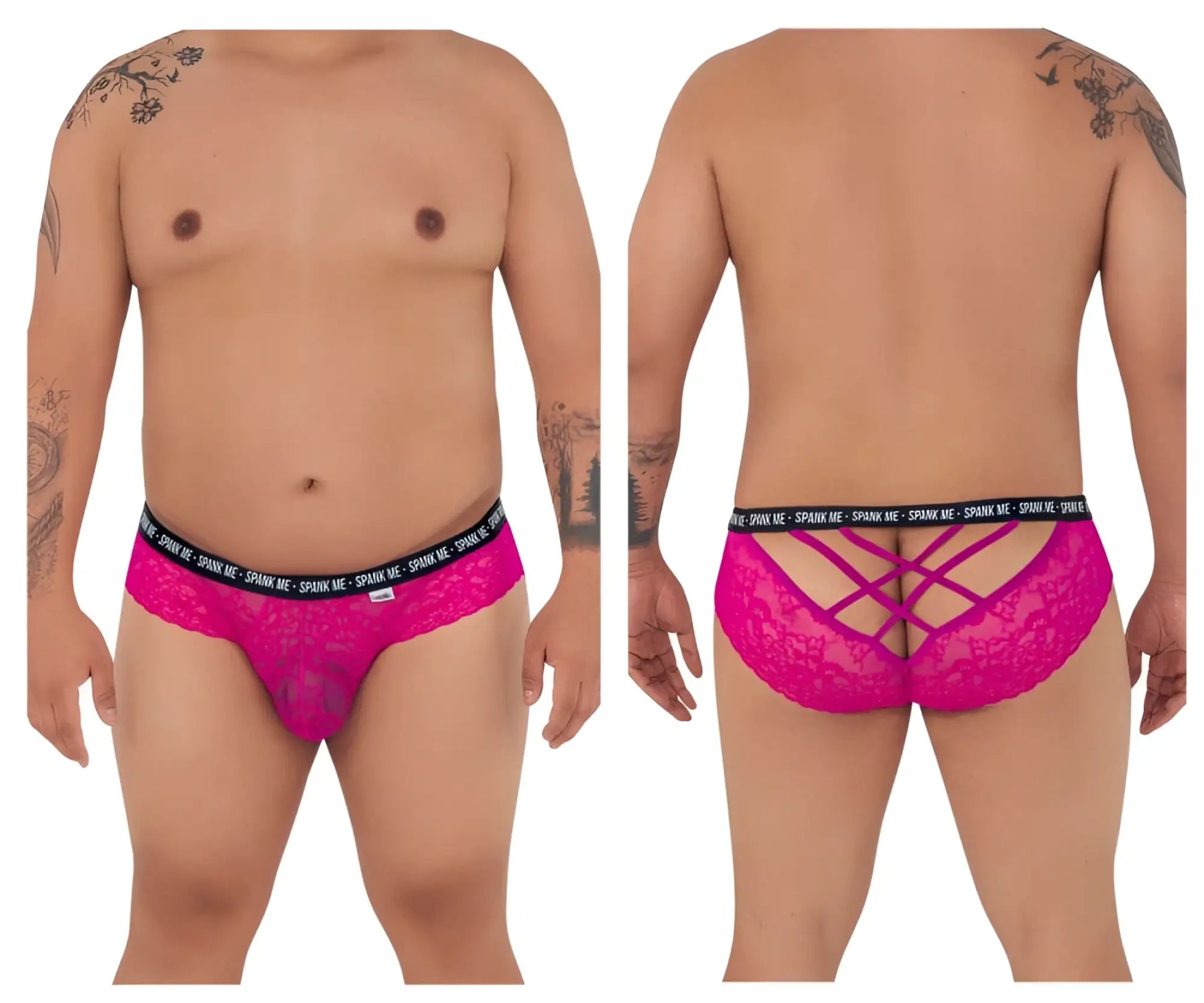 Vibrant pink lace mens underwear with black elastic waistband featuring spank me text from candyman 99615x briefs