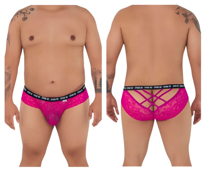 Vibrant pink lace mens underwear with black elastic waistband featuring spank me text from candyman 99615x briefs