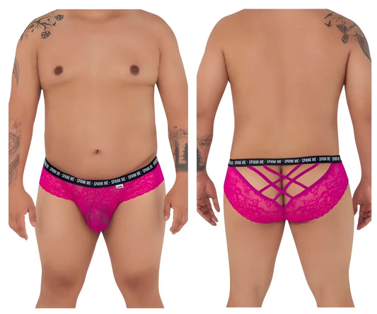 Vibrant pink lace mens underwear with black elastic waistband featuring spank me text from candyman 99615x briefs