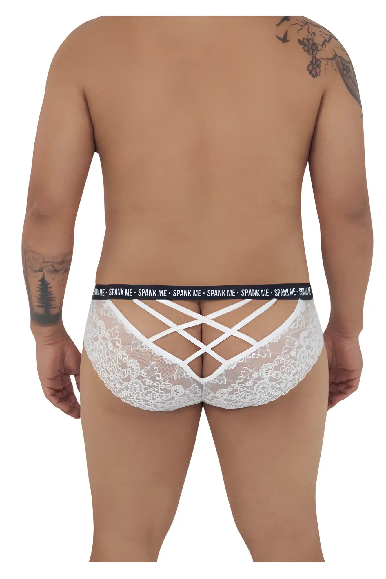 Back view of candyMan 99615X spank me white lace briefs with crisscross design and black waistband with spank me text