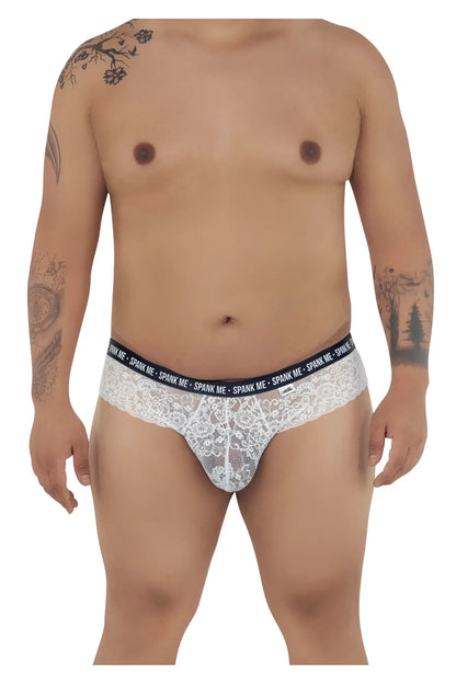 White lace men’s briefs with black elastic waistband printed with spank me from candyman 99615x collection