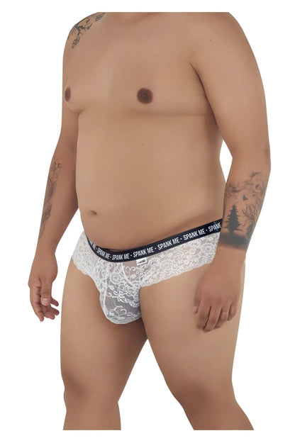 White lace men’s briefs with black elastic waistband featuring spank me branding candyMan 99615X color white