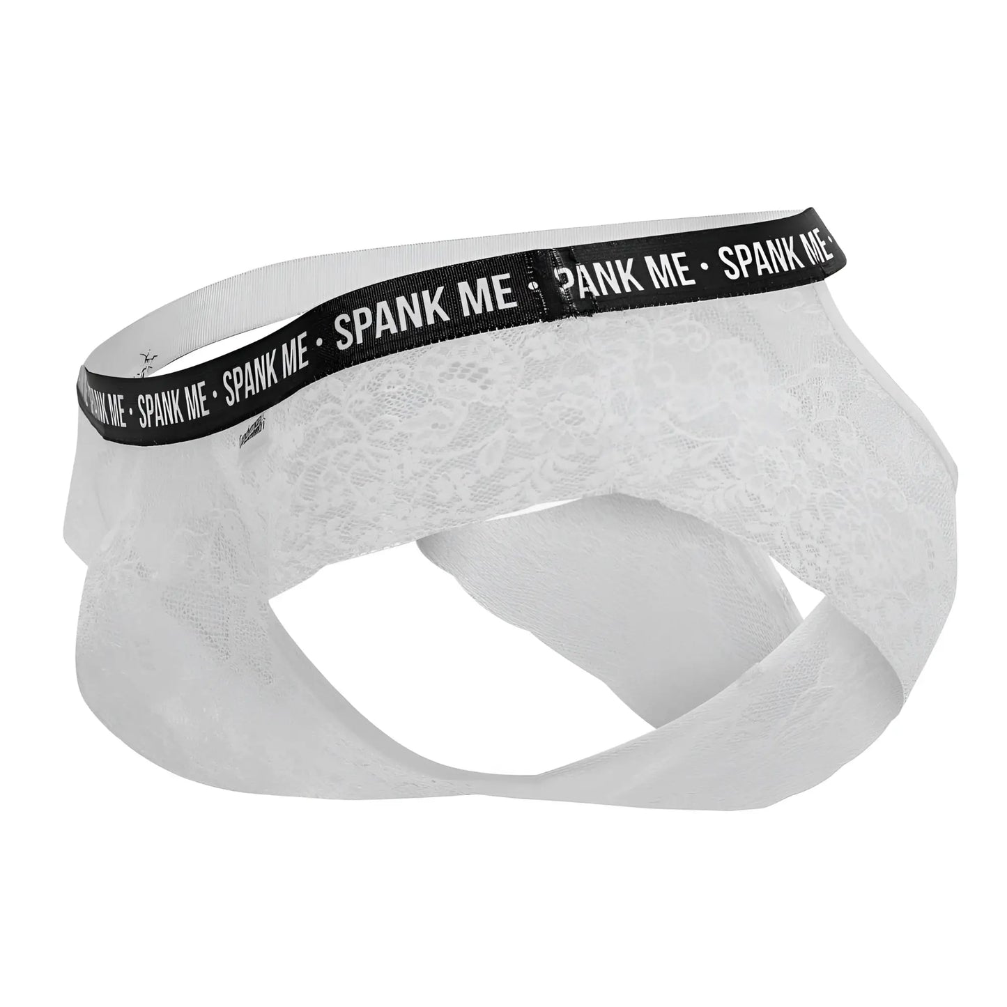 White lace men’s underwear with black elastic waistband featuring spank me text candyMan 99615X lace briefs