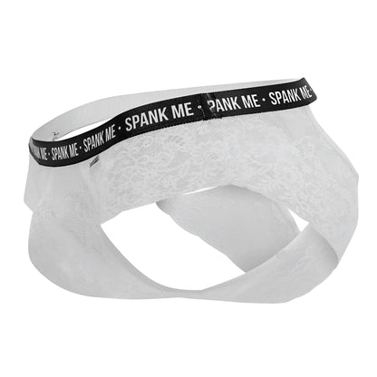 White lace men’s underwear with black elastic waistband featuring spank me text candyMan 99615X lace briefs