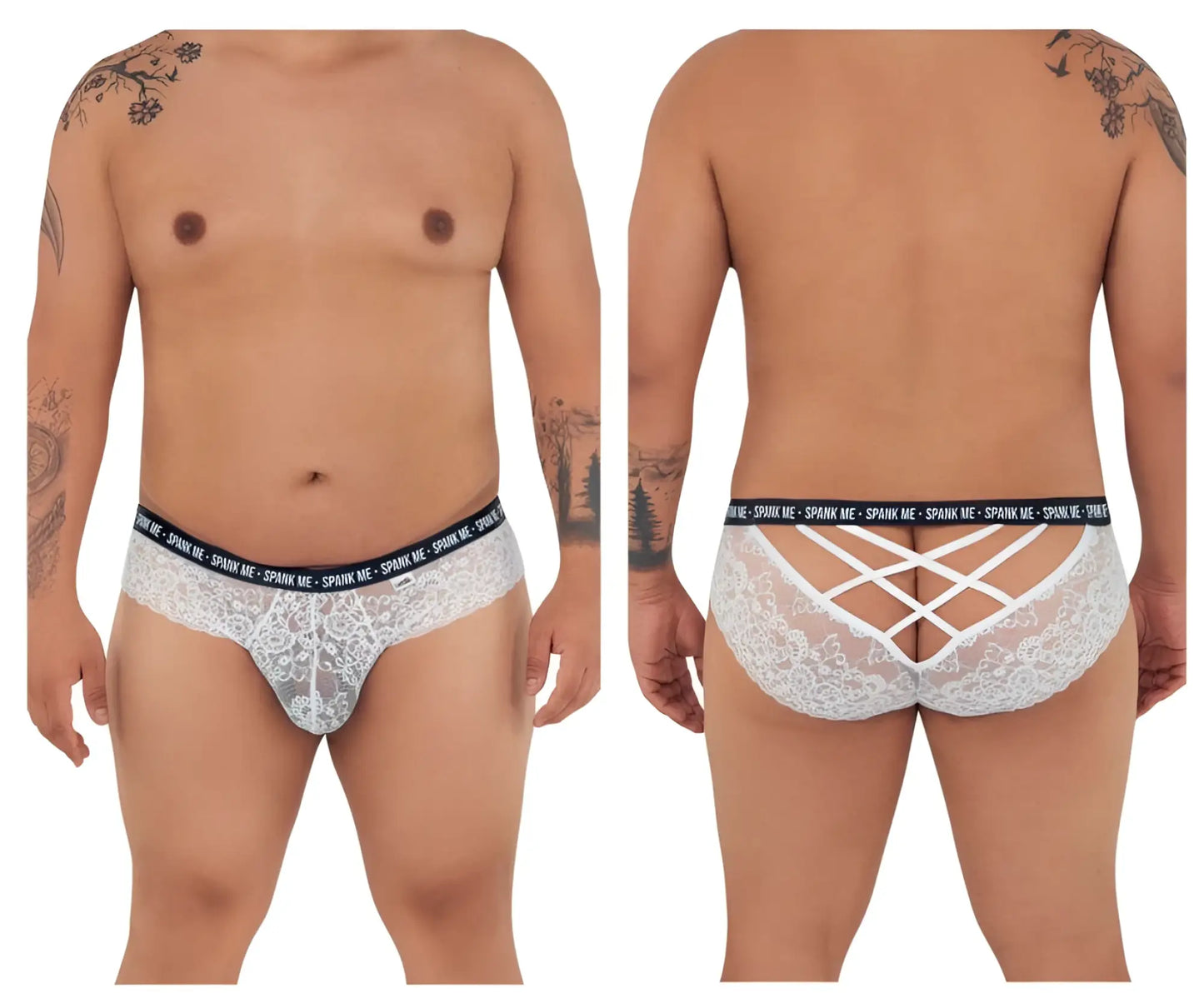 White lace CandyMan 99615X Spank Me briefs with black elastic branded waistband and intricate crisscross back design