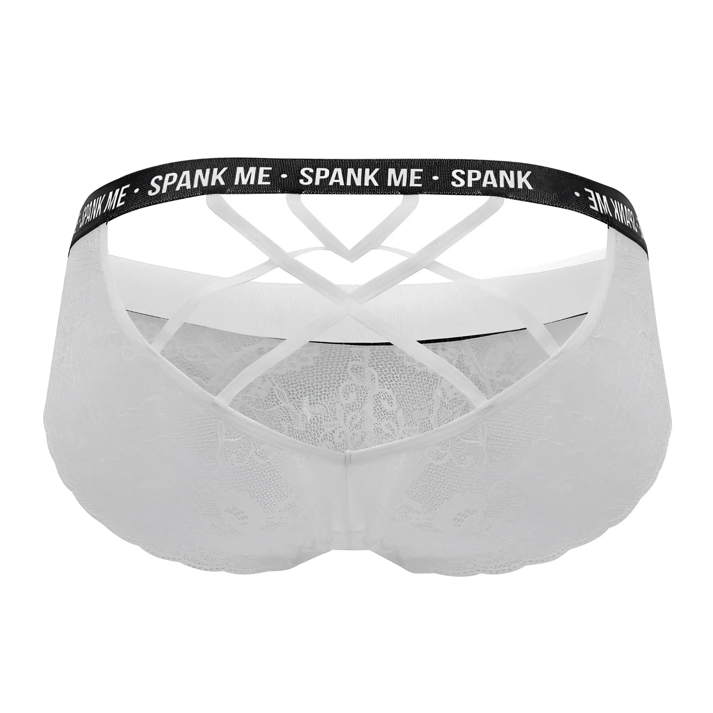 White lace thong brief with black elastic waistband featuring spank me text candyMan 99615X lace briefs white