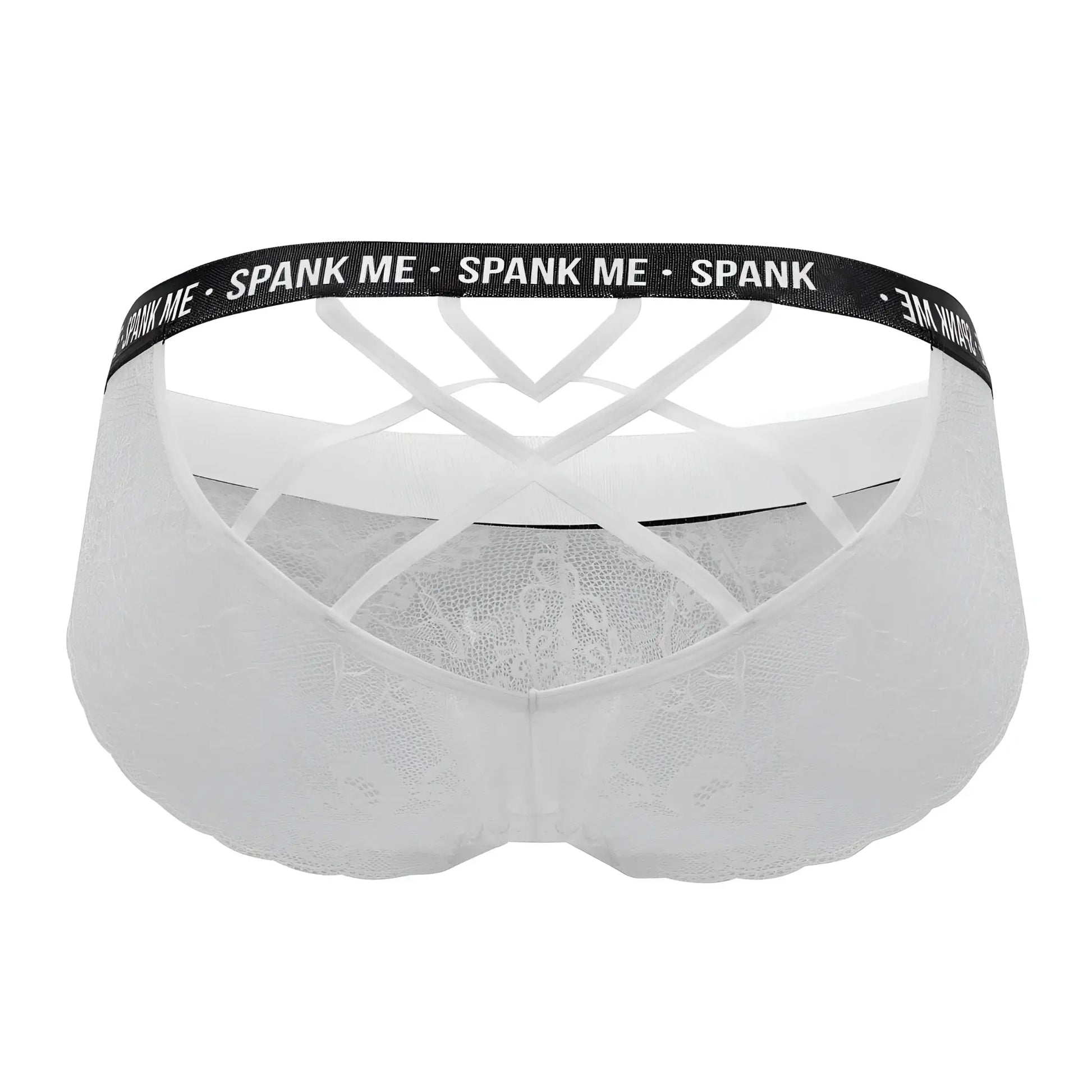 White lace thong brief with black elastic waistband featuring spank me text candyMan 99615X lace briefs white