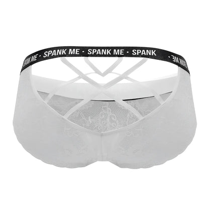White lace thong brief with black elastic waistband featuring spank me text candyMan 99615X lace briefs white