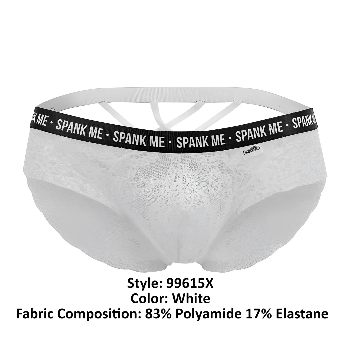 White lace briefs with a black elastic waistband featuring the spank me logo by CandyMan color white