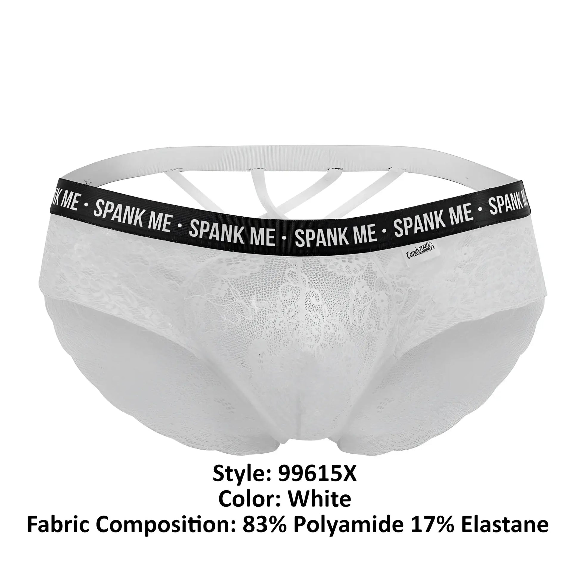 White lace briefs with a black elastic waistband featuring the spank me logo by CandyMan color white