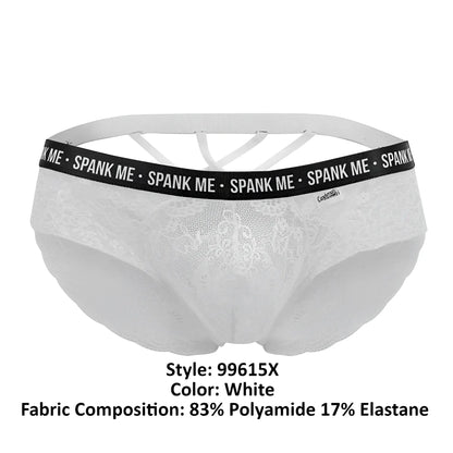 White lace briefs with a black elastic waistband featuring the spank me logo by CandyMan color white