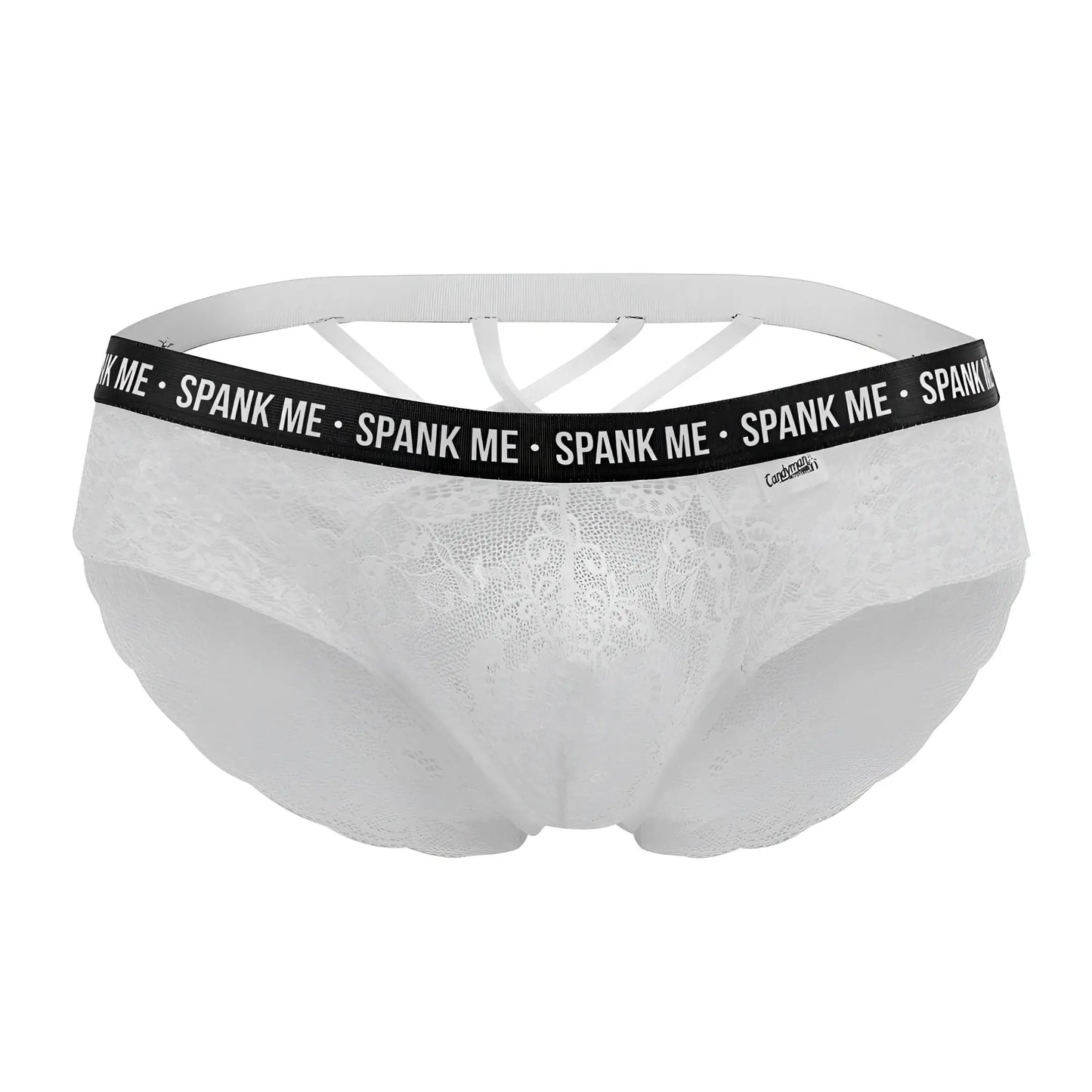 White lace briefs with black elastic waistband featuring spank me text candyMan 99615X spank me lace briefs