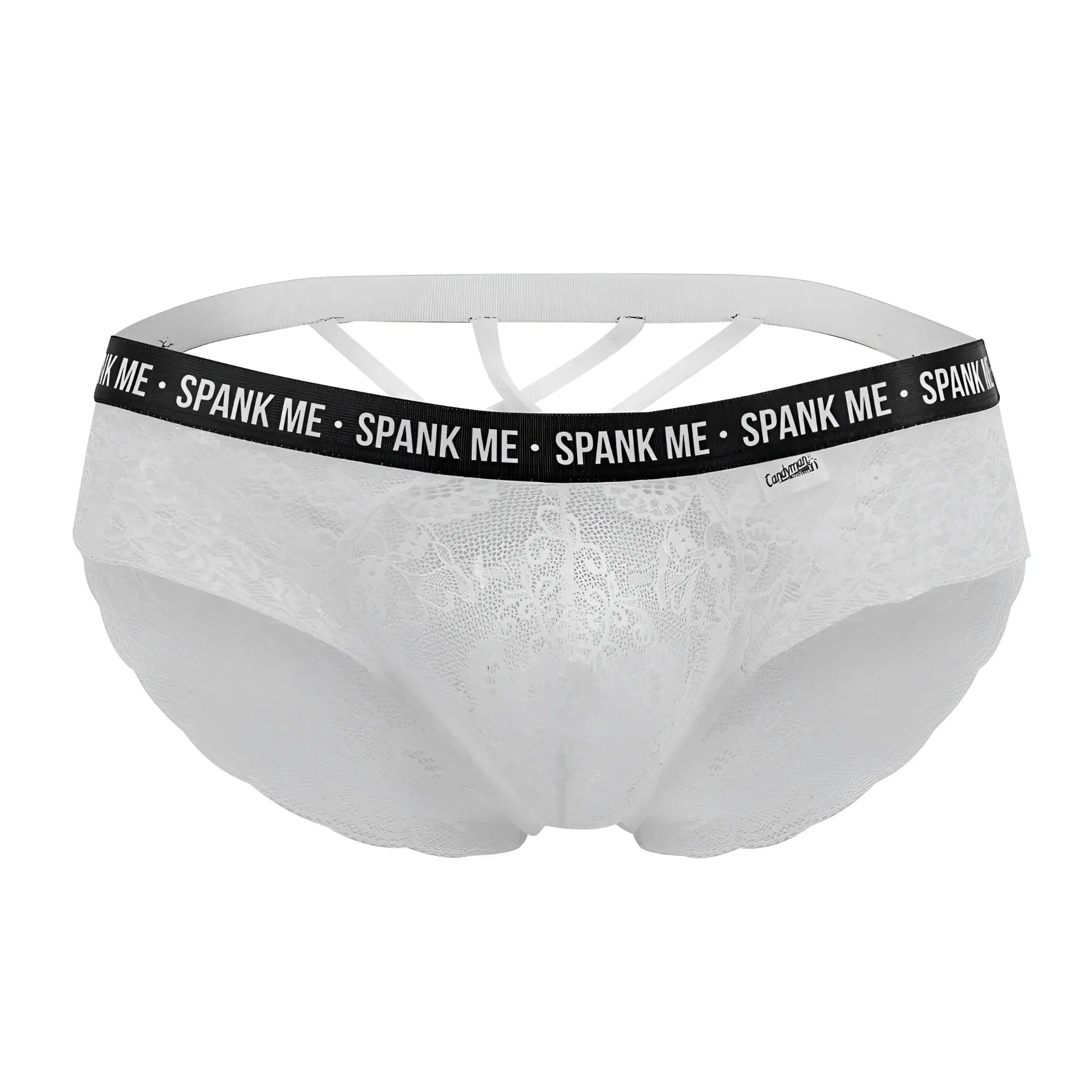 White lace briefs with black elastic waistband featuring spank me text candyMan 99615X spank me lace briefs