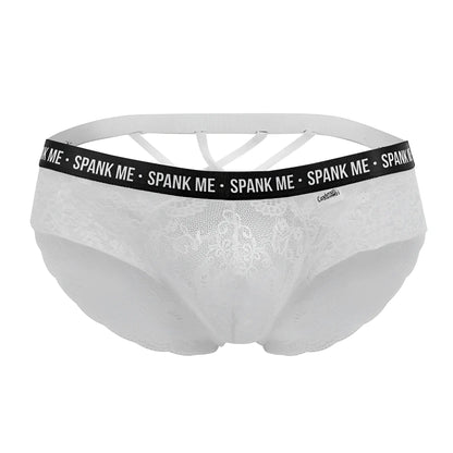 White lace briefs with black elastic waistband featuring spank me text candyMan 99615X spank me lace briefs