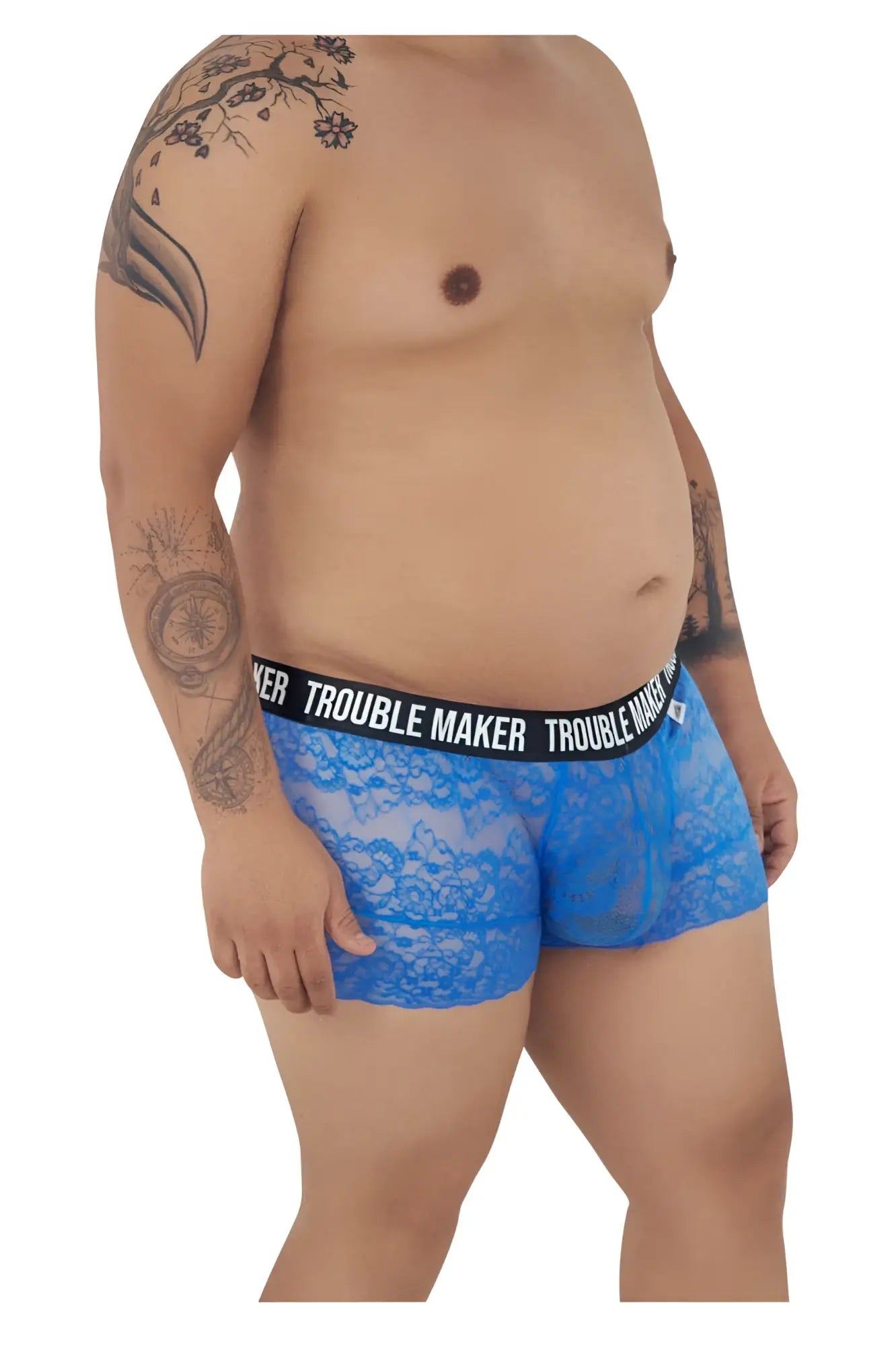 Dark blue CandyMan 99616X trouble maker lace trunks boxer briefs with black elastic waistband and lace detailing