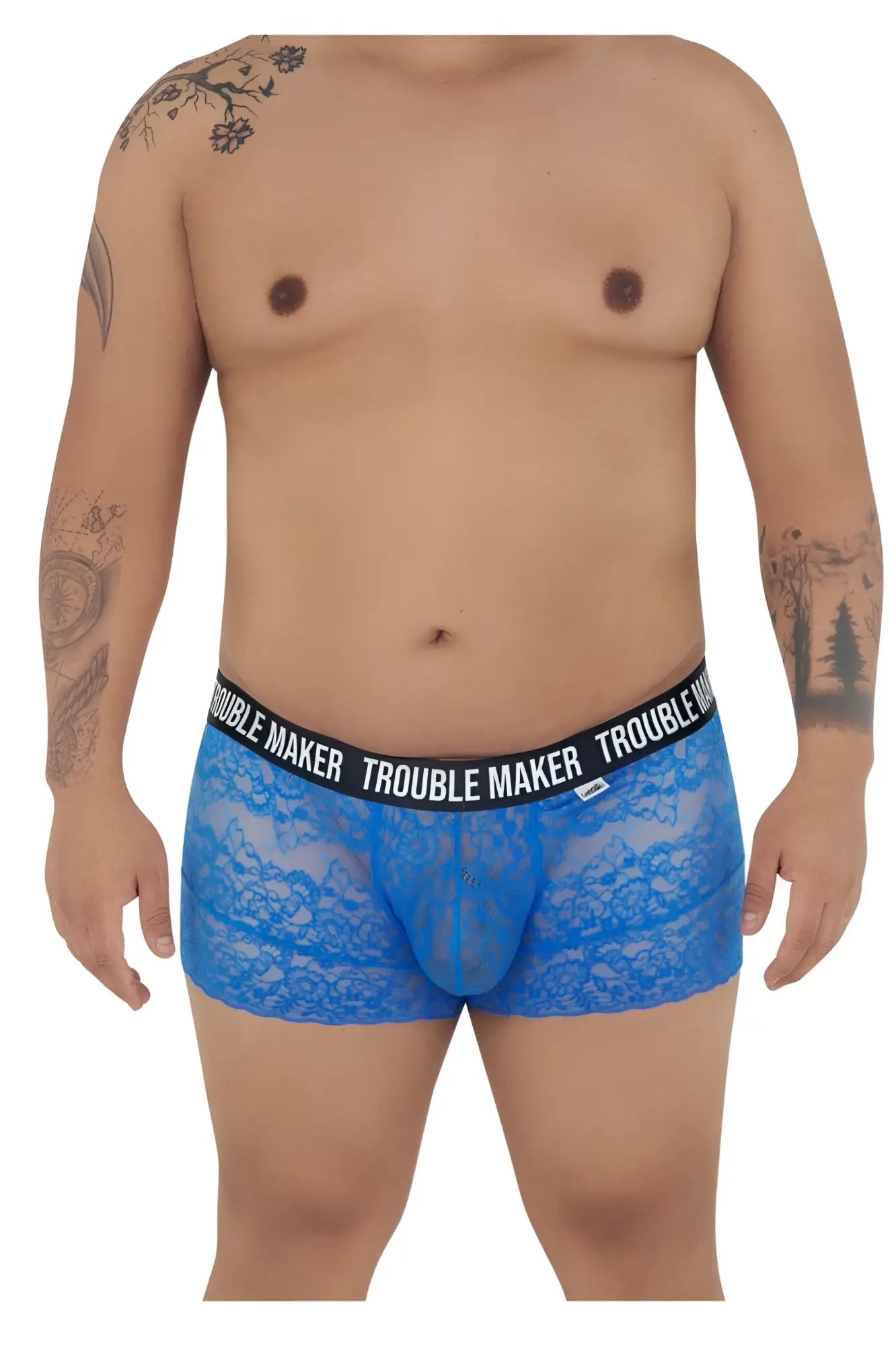 Dark blue candyman 99616x trouble maker lace trunks with black waistband and white trouble maker branding