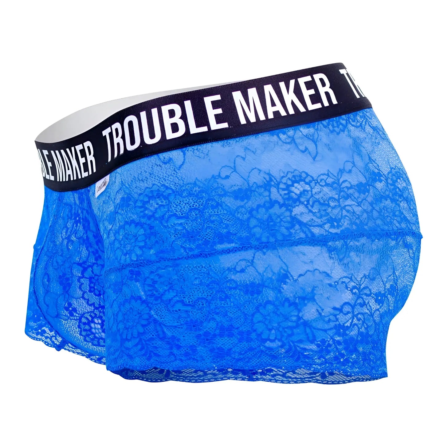Dark blue candyman 99616x trouble maker lace trunks with black waistband and white lettering in front view
