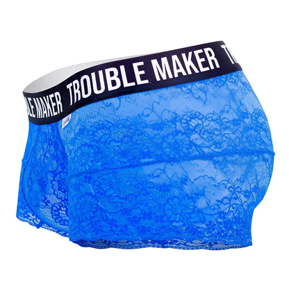 Dark blue candyman 99616x trouble maker lace trunks with black waistband and white lettering in front view