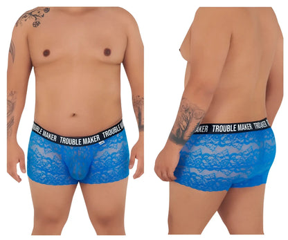 Bright blue lace candyMan 99616X trouble maker trunks with black elastic waistband and white branding