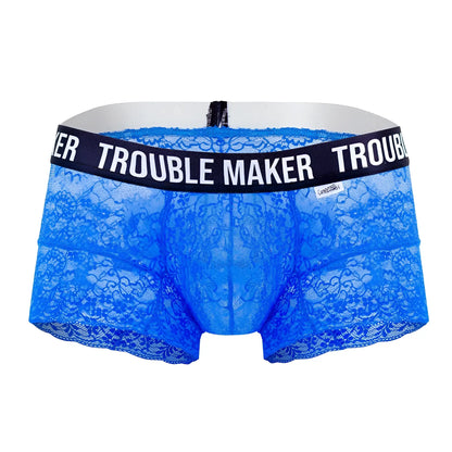 CandyMan 99616X trouble maker dark blue lace trunks with black waistband and white trouble maker text