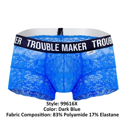 Dark blue candyman 99616x trouble maker lace trunks with black waistband and white lettering on front