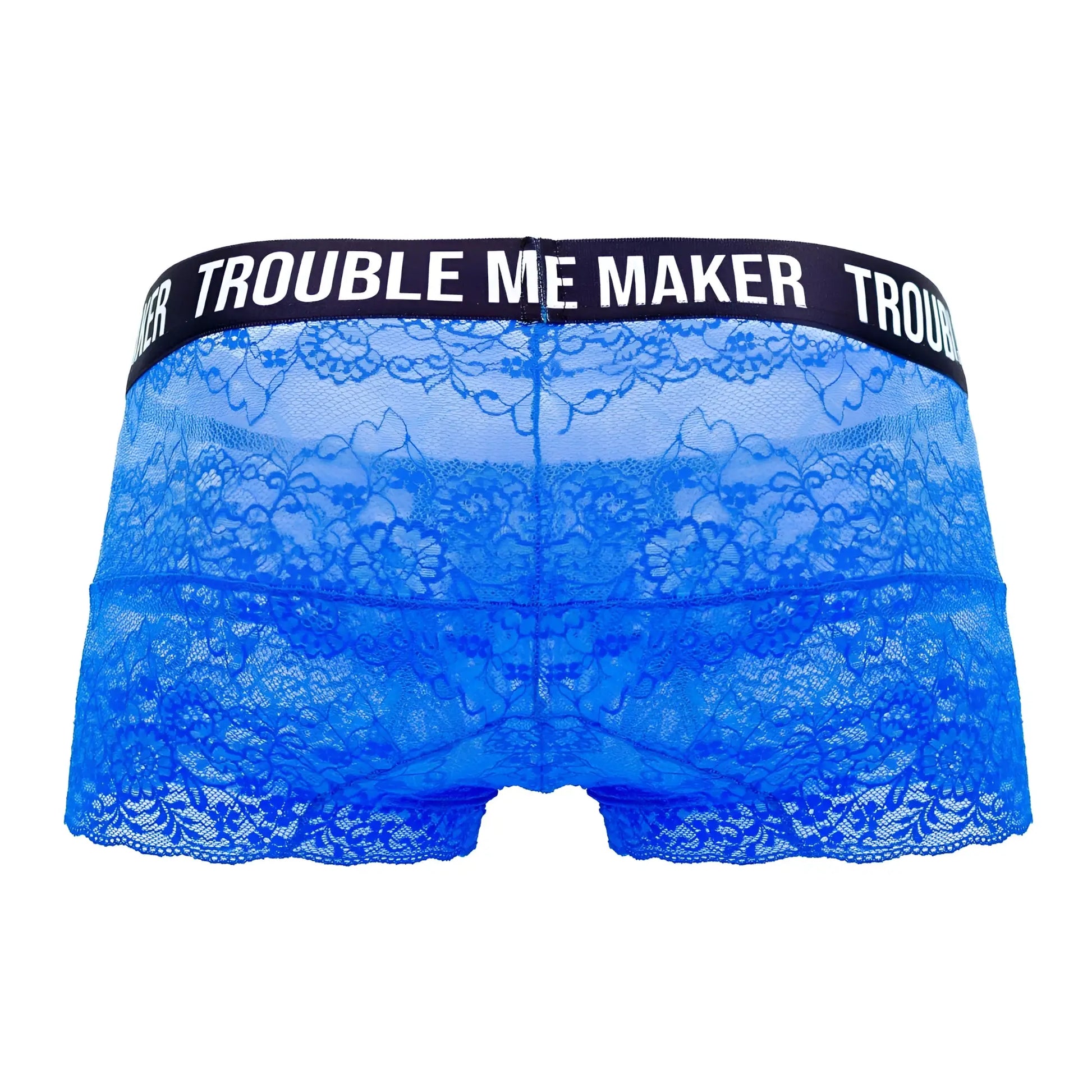 Blue lace underwear with black waistband featuring trouble me maker text candyMan 99616X trouble maker lace trunks