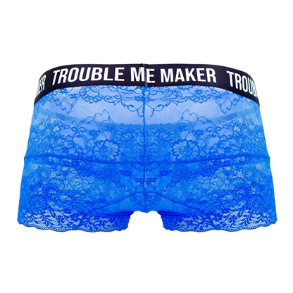 Blue lace underwear with black waistband featuring trouble me maker text candyMan 99616X trouble maker lace trunks