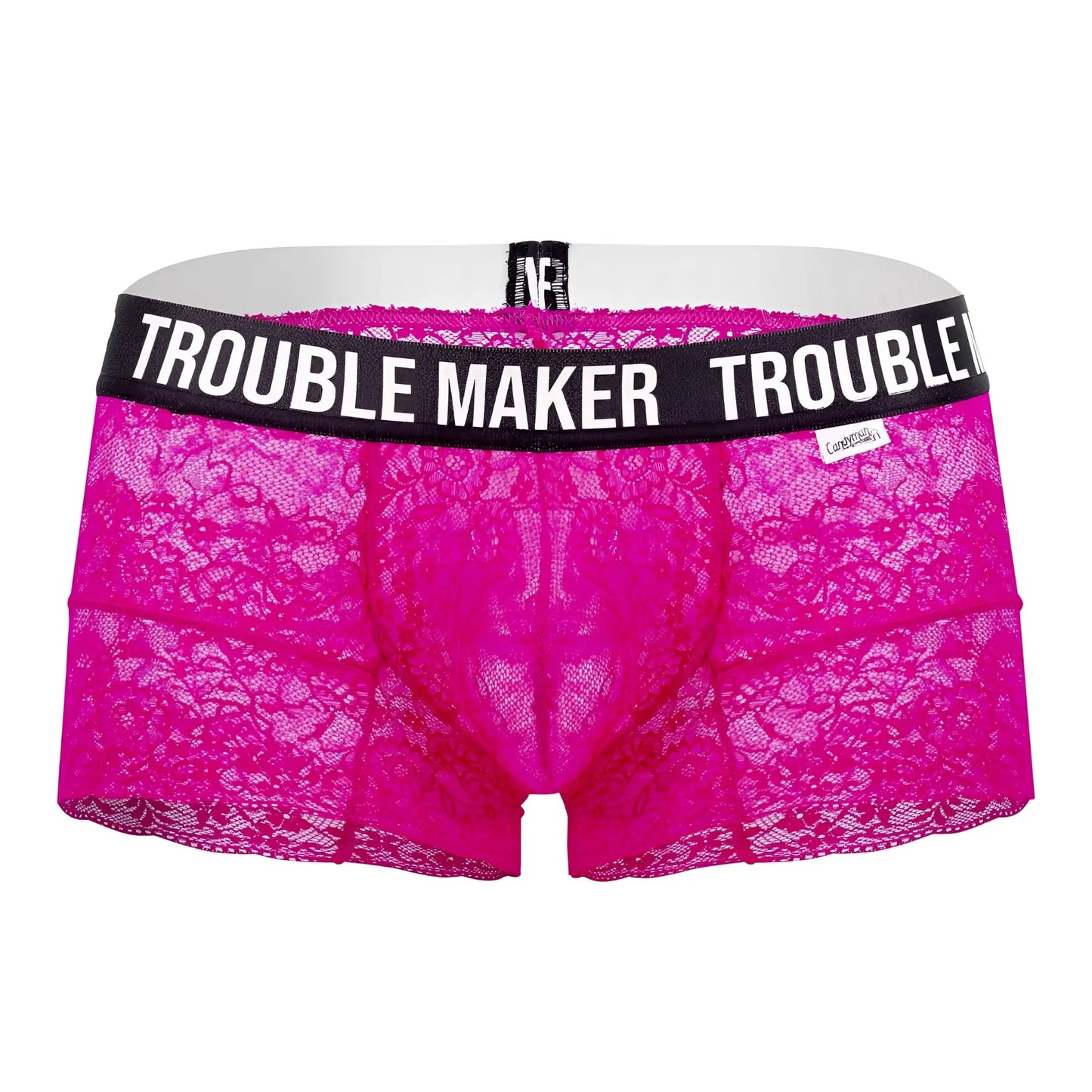 Bright pink lace men’s trunks with black waistband and trouble maker text by CandyMan 99616X