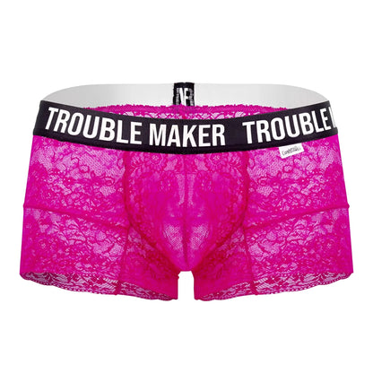 Bright pink lace men’s trunks with black waistband and trouble maker text by CandyMan 99616X