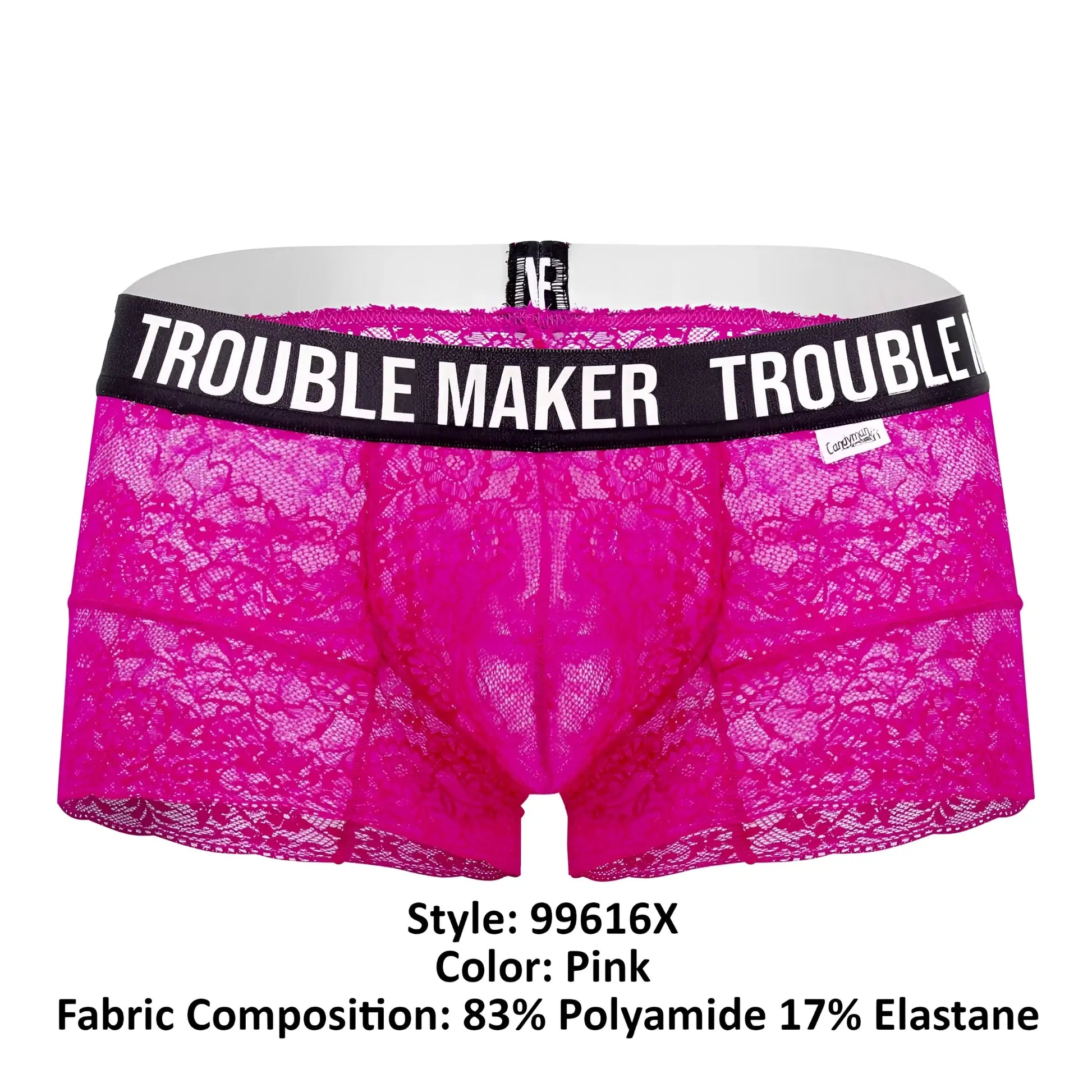 CandyMan 99616X trouble maker lace trunks in bright pink lace with black waistband and white logo lettering