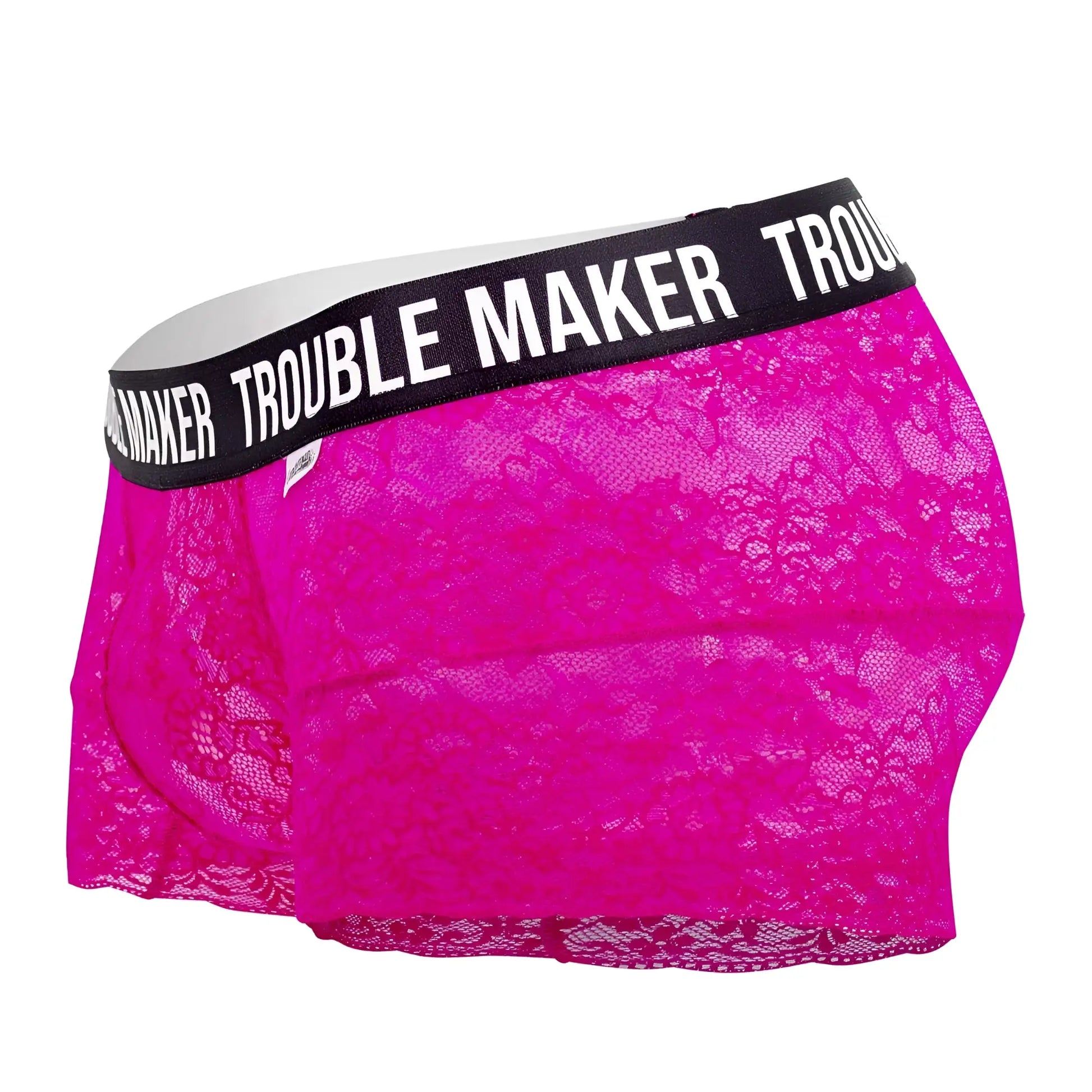 Fuchisa lace boxer briefs with black waistband and white trouble maker lettering by candyman in pink