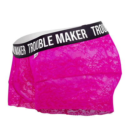 Fuchisa lace boxer briefs with black waistband and white trouble maker lettering by candyman in pink