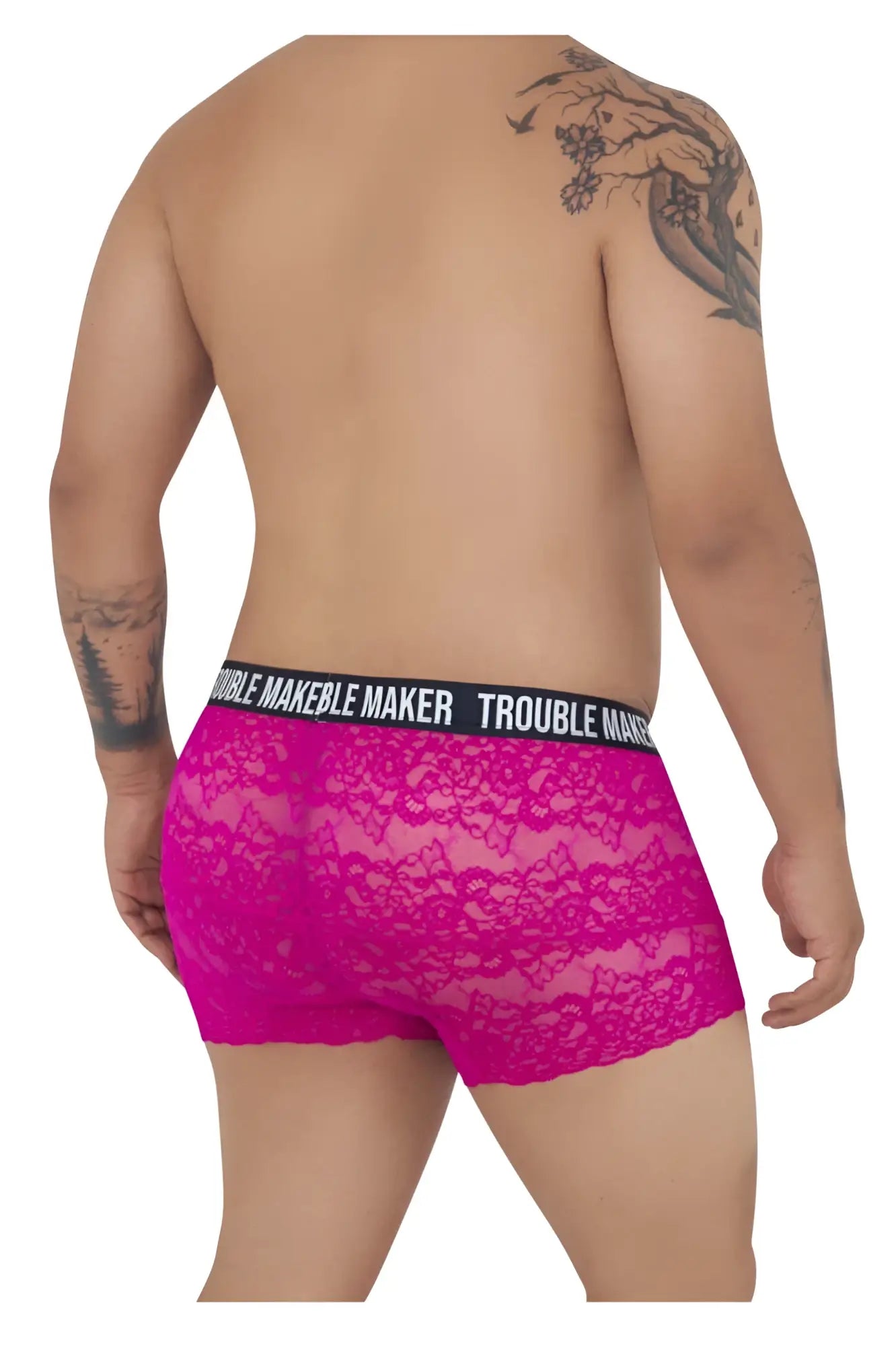 CandyMan 99616X trouble maker lace trunks in fuchsia with a black waistband featuring white branding