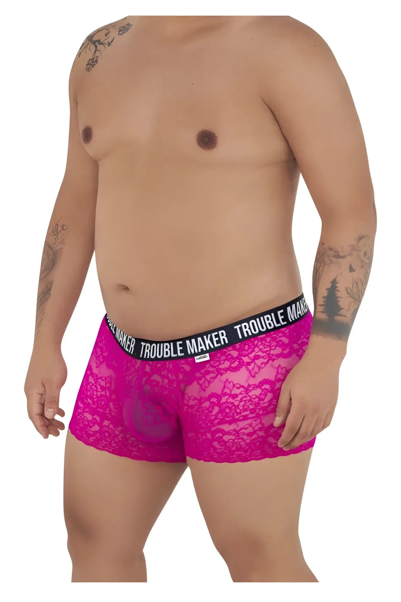 CandyMan 99616X trouble maker fuchsia lace boxer briefs with black elastic waistband in pink color