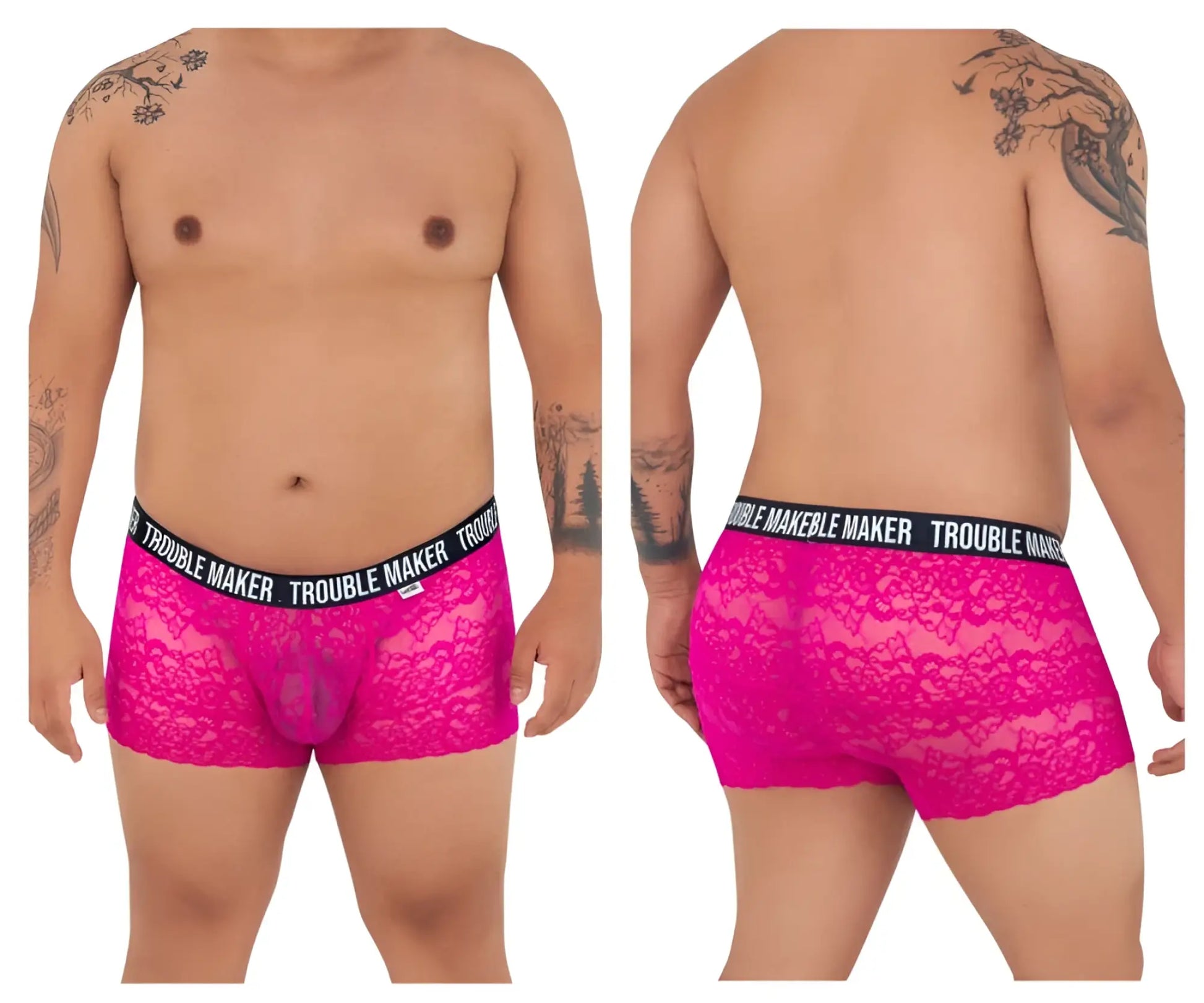 CandyMan 99616X Trouble Maker pink lace boxer briefs with black elastic waistband and white brand lettering