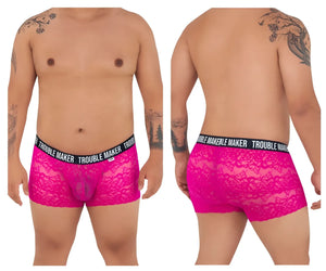 CandyMan 99616X Trouble Maker pink lace boxer briefs with black elastic waistband and white brand lettering