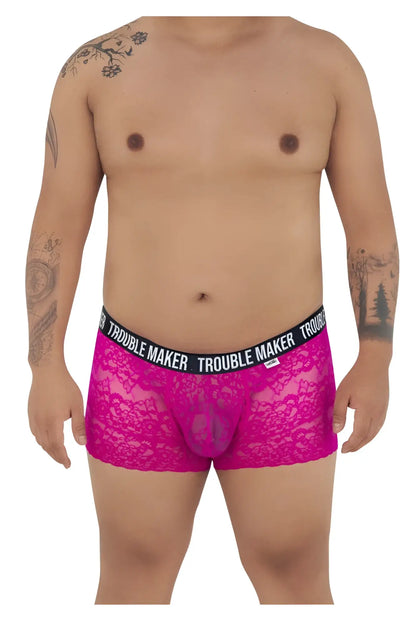 Fuchsia lace boxer briefs with black elastic waistband featuring Trouble Maker brand name in white CandyMan 99616X trunks