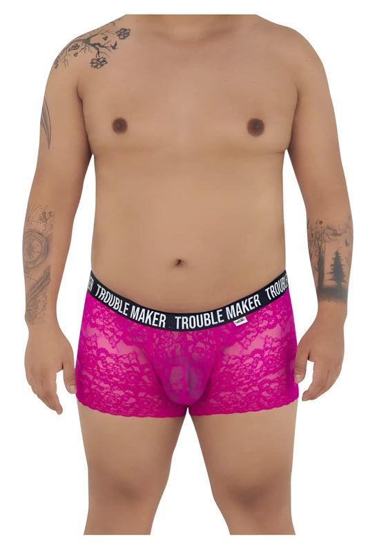 Fuchsia lace boxer briefs with black elastic waistband featuring Trouble Maker brand name in white CandyMan 99616X trunks